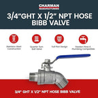 CMI Inc - 3/4" Garden Hose Thread x 1/2" National Pipe Thread Hose Bibb Valve, Stainless Steel Outdoor Faucet Water Spigot, Quarter Turn Full Port Ball Valve for Garden Line & Outside Faucet - 2 Pack - Image 3