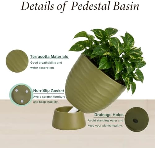 Green Terracotta Self Watering Plant Pots, 6 and 8 Inch with Saucers - Image 4