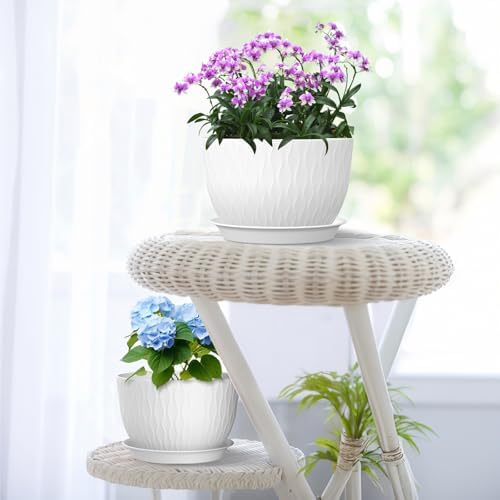 Meowell 12/10/9 inch Large Plant Pots, 3 Pack Wide Flower Pots for Outdoor Indoor Plants with Water Ripples, Big Plastic Planters with Drainage Holes and Saucers for Garden House Plants, White - Image 7