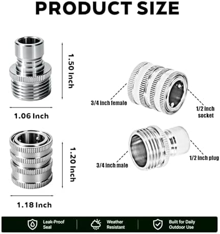 5 Pack Stainless Steel Garden Hose Quick Connect Fittings Set - Quick Connect Hose Fittings, Heavy-Duty 1/2" to 3/4" GHT Quick Release Connector Kit for Faucet, Sprayer & Outdoor Water Hose - Image 2