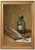 Gold Vintage Framed Ink Bottle and Quill Wall Art Still Life Print by Unknown