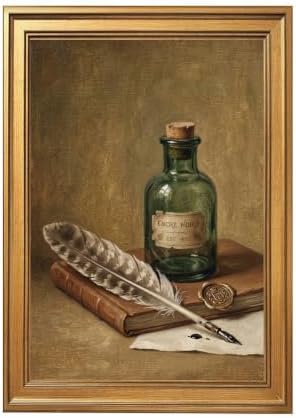 Gold Vintage Framed Ink Bottle and Quill Wall Art Still Life Print by Unknown