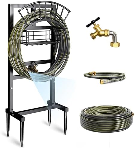 Garden Hose Holder with Brass Faucet, 45ft Rubber Hose, 5ft Leader Hose by Wurzberge