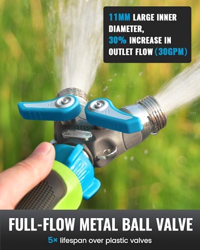RAINPOINT Garden Hose Splitter, 2 Way Heavy Duty Water Hose Y Spigot Splitter with Shutoff Valves, 100% Metal Body Outdoor Faucet Splitter, 1.9" Extra Long Metal Handle, 3/4" GHT Thread (2, Green) - Image 5