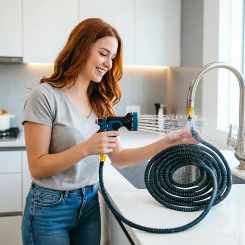Indoor Sink Hose Attachment, 75FT Expandable Water Hose with 7 Faucet Adapters for Kitchen & Bathroom Faucets, Watering Plants, Pet Bathing and Household Cleaning - Image 6