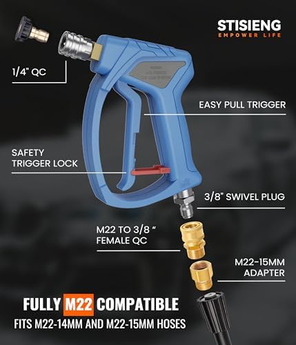 Short Pressure Washer Gun with 360° Swivel, High Pressure Stubby Power Washer Gun Kit with 5 Nozzle Tips, M22-14mm & 15mm Adapters, 3/8" QC for Car Wash Detailing & Cleaning (Blue) - Image 6