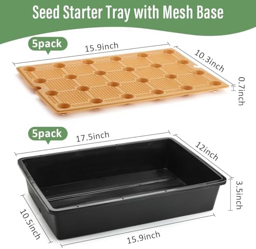 5 Pack Nursery Pots Trays with Removable Mesh Drainage Mat, Plastic Seed Starter Trays (17"x12"x3.5") with Drainage Hole, Propagation Kit for Seedlings, Microgreens, Plant Germination (Black) - Image 2