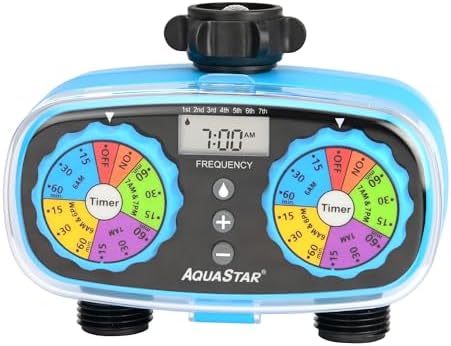 AQUASTAR Two-Zone Hose Watering Timer (Blue), Automatic Irrigation for Lawn, Garden, Yard, Two Outlets by EDEN