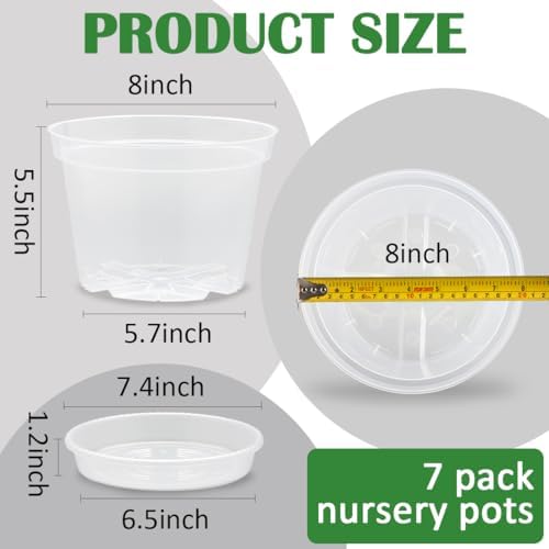 7 Pack 8 Inch Clear Nursery Pots with Saucer, Transparent Plastic Plant Pot with Drainage Holes, Sturdy Plant Starter Pots, Planter Pot for Planting Succulent Flower Herb Vegetable, Gardening Gifts - Image 2