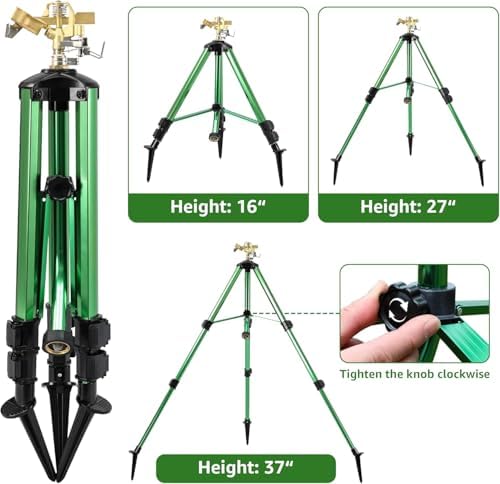 Heavy-Duty Brass Impact Sprinkler with Adjustable Tripod Base, 360 Degree Rotation, Green, 16-37 Inch Height, 0-43 Feet Coverage for Lawn and Garden Irrigation - Image 4