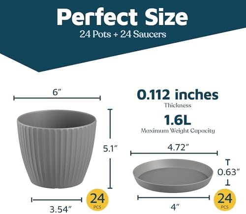 Gray 6-Inch Plant Pots with Drainage & Saucers 24 Pack, Indoor & Outdoor Planters for Houseplants, Herbs, and Flowers, Durable & Weatherproof Material, Stackable, Lightweight, Minimalist Design - Image 2