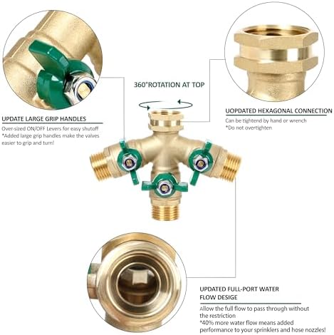 STYDDI Full Flow 3-Way Garden Hose Splitter, Solid Brass High Volume 3 Way Hose Splitter Valve with Metal Handle, Heavy Duty High Flow Spigot Splitter with Shut off Valve, 3/4 Inch Garden Tap Splitter - Image 4