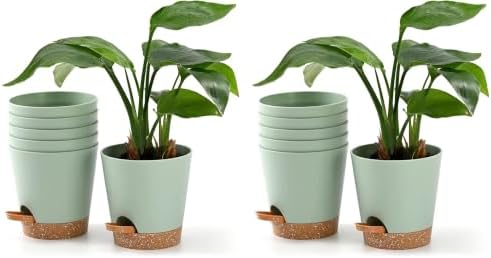 Plant Pots 6 PCS 5 inch Self Watering Planters High Drainage Flowers Pot for Indoor Outdoor Plants with Reservoir Tray and Watering Lip Gardening Planter Garden Flower Pots, Green (Pack of 2) by Qaobo