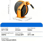 Retractable Air Hose Reel, 3/8" x 50FT EPDM Rubber Air Hose, 300PSI Max, Auto-Rewind & Length-Lock, 1/4" NPT Fitting, Ceiling/Wall Mount Heavy Duty Dual Arm Steel Reel for Workshop/Garage - Image 2