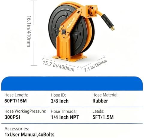 Retractable Air Hose Reel, 3/8" x 50FT EPDM Rubber Air Hose, 300PSI Max, Auto-Rewind & Length-Lock, 1/4" NPT Fitting, Ceiling/Wall Mount Heavy Duty Dual Arm Steel Reel for Workshop/Garage - Image 2