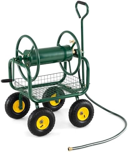 Goplus Garden Hose Reel Cart, 300ft 5/8" or 350ft of 1/2" Large Capacity, Heavy-Duty Metal Hose Cart w/4 Wheels, Storage Basket, Portable Water Hose Organizer for Outdoor Yard Planting Lawn by Goplus