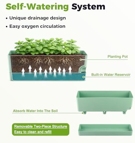 4 Pack Self Watering Pots for Indoor Plants 17 Inches Window Boxes Planters Rectangular Flower Pots Rectangle Herb Pots Large Plant Pots with Drainage Holes and Saucers Windowsill Planter, Green - Image 4