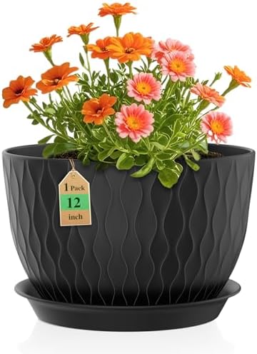 WSMKSZ 12 Inch Large Plant Pots for Indoor or Outdoor Plants, Wide Water Ripples Flower Pots with Drainage Holes & Saucer, Plastic Planters Set for Garden & Home Decor (Black) by WSMKSZ