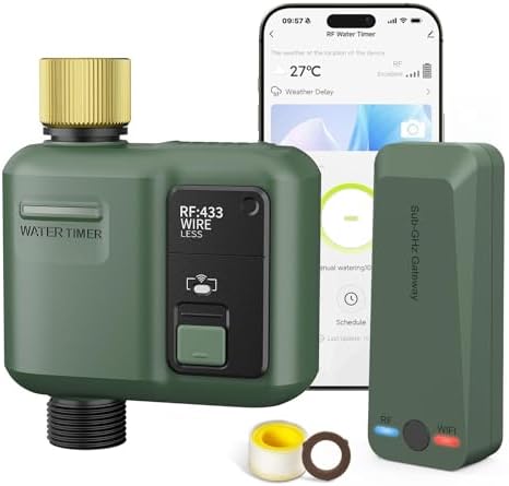 WiFi Water Timer for Garden Hose, Smart Sprinkler Controller with 984ft RF Range, Smart Lawn Watering System Irrigation Timer, APP/Voice Control, Rain Delay, Manual Irrigation (Brass Inlet) by Shrivee