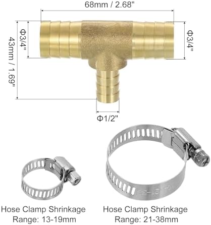 uxcell 5pcs Brass Tee Barb Fittings, 3-Ways Tee 3/4" x 1/2" x 3/4" Barbed Hose Reducer, Tee Brass Barb Fitting Reducer with 15pcs Hose Clamps for Water Fuel Air - Image 2