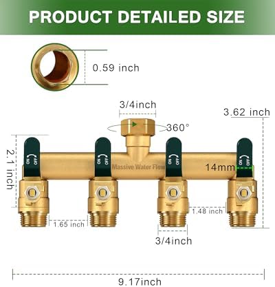 4 Way Hose Splitter, Heavy Duty Full Flow Garden Hose Splitter with 4 Large Metal Handles, Brass Water Hose Bib Splitter, T Adapter Connector with 3/4 - Inch GHT Thread (Green) - Image 2