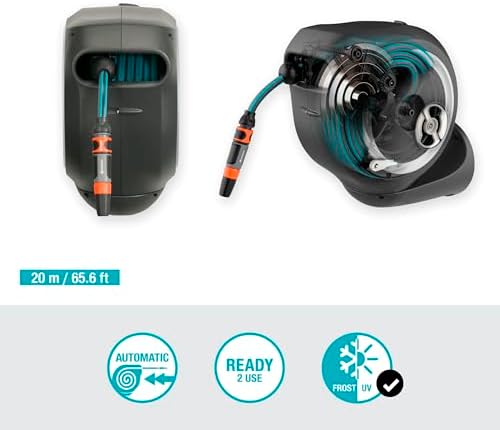 Gardena Wall-Mounted Hose Box RollUp M 20 m: Flexible watering for medium-sized gardens, swivel hose reel, with wall bracket, system parts and nozzle, including 20 m Gardena hose (18612-60) - Image 2