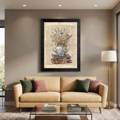 Framed Canvas Wall Art Vintage Teapot and Wildflowers Earthy Sepia Watercolor Book Page Canvas Print Poster Black Frame Wall Decor for Kitchen Bedroom Cottagecore Art, Rustic Decor - 16x20 Inch - Image 5