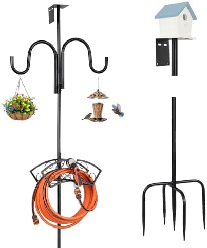Upgraded Garden Hose Holder, Freestanding Water Hose Holder, Double Shepherds Hooks for Outdoor, Adjustable Hose Stand with 5 Spikes Heavy Duty Metal Bird Feeder Pole for Outside Yard Lawn by WiMasGardenOutdoorSupplies