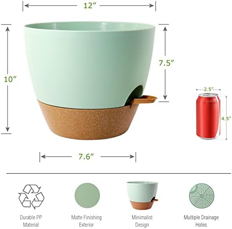 UOUZ 12inch 2Pack Large Self Watering Planters, Plastic Plant Pots with 60oZ Removable Deep Reservoir and Multi Mesh Drainage Holes for Indoor Outdoor Garden Plants and Flowers, Green with Brown - Image 2