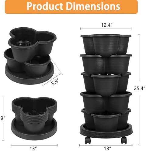 VECELO 5 Tier Vertical Garden Planter, Self Watering Stackable Planters with Wheels for Strawberries, Herbs, Flowers, Vegetables, Black - Image 2
