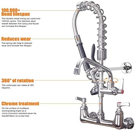 MSTJRY Commercial Faucet with Sprayer 20" Height, 8" Center with 8" Spout Commercial Wall Mount Kitchen Sink Faucet Pre Rinse Sprayer,for 1/2 Compartment Sink (Polished Chrome,Brass) - Image 3
