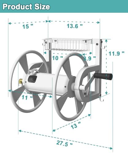 Artigarden Outdoor Wall Mounted Hose Reel with Hook, Garden Heavy-Duty Water Hose Holder Winder with 3.9 ft Leader Hose, Brass Fitting and Storage Basket for Yard, Holds 125 Ft of 5/8-Inch Hose, White - Image 5