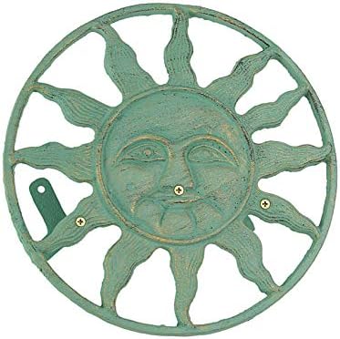 Sun Face Garden Hose Holder, 12 Inch Diameter Verdigris Green Cast Iron by Zeckos