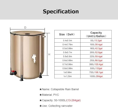 13-264 Gal Collapsible PVC Rain Barrels to Collect Rainwater from Gutter, Portable Rain Water Collection System Catcher Container Storage Tank with Spigot(Beige,0.5x0.88m/160L/42.3gal) - Image 2