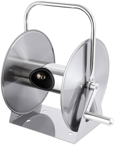 Stainless Steel Garden Hose Reel with Crank, Wall Mount/Freestanding, Includes Leader Water Pipe, Fits 5/8" x 75ft or 1/2" x 130ft Hose for Yard and Patio Use Silver One Size by Awjaisca