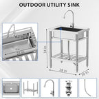 28"x20"x34" Stainless Steel Utility Sink, Freestanding Single Bowl with Hot & Cold Water Faucet, Commercial Kitchen Laundry Bathroom Garage Garden Sink - Image 2