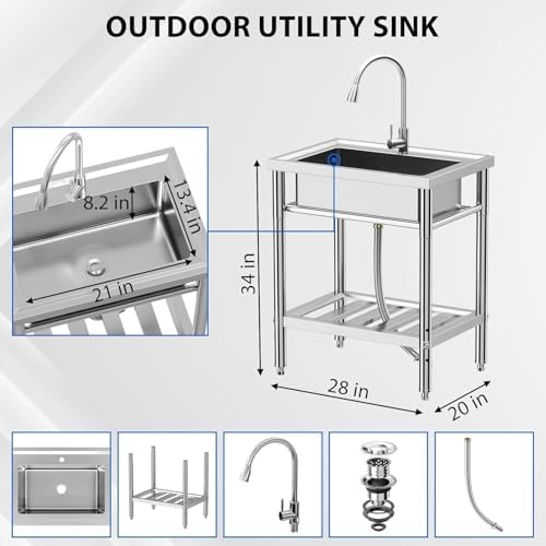 28"x20"x34" Stainless Steel Utility Sink, Freestanding Single Bowl with Hot & Cold Water Faucet, Commercial Kitchen Laundry Bathroom Garage Garden Sink - Image 2