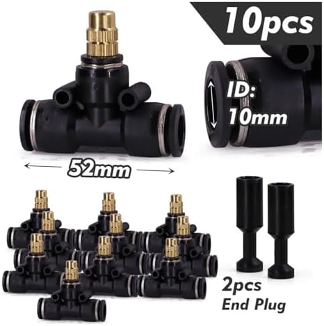 Adjustable Misting Nozzle with Tee Adapter - Brass & Plastic Irrigation Sprayer for 6/8/10/12mm Hose Perfect for Garden Watering and Cooling Systems(For 10mm Tubing) - Image 2