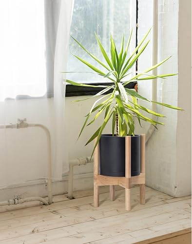 D'vine Dev Plastic Pot with Natural Wood Stand, Black, 8 in, 55-C-J-2 - Image 4