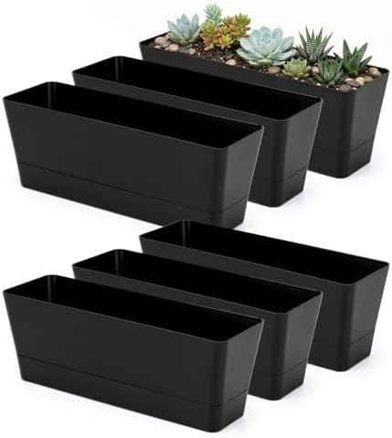 GREANER 6 Pack Herb Planters, 12x3.8 Inch Black Rectangle Window Boxes with Tray, Indoor Succulent Cactus Mint Plastic Pot for Windowsill, Balcony, Office, Outdoor Garden by GREANER