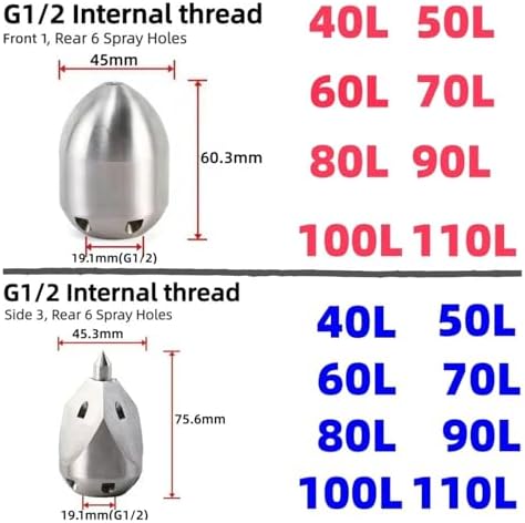 40L~110L G1/2 Inch Sewer Jetter Nozzle Stainless Steel Pipeline Cleaning Tools High Pressure Machine Accessories(Black,110LIMin) - Image 4