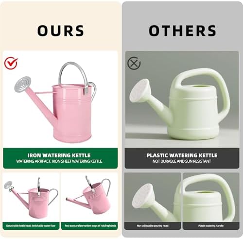 1.7 Gallon Pink Decorative Countryside Style Water Can with Removable Spout, Metal Watering Can for Garden Flower, Galvanized Watering Can for Outdoor Indoor Plants - Image 5