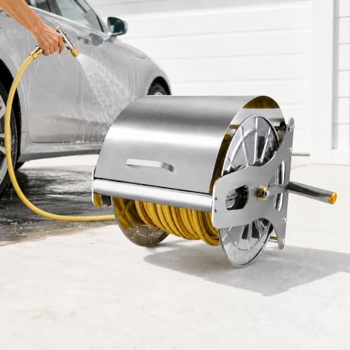 Heavy Duty Stainless Steel Garden Hose Reel with Protective Cover, Wall or Floor Mounting, Manual Crank, 164 ft Capacity, Spray Nozzle and Inlet Line Included 40m by Unknown
