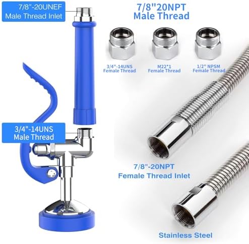 MSTJRY Spray Valve with 45" Pre Rinse Hose, Commercial Sink Sprayer Pre Rinse Sprayer with Flexible Stainless Steel Hose Assembly for Commercial Kitchen Faucets(Blue, with 3 adapters) - Image 3