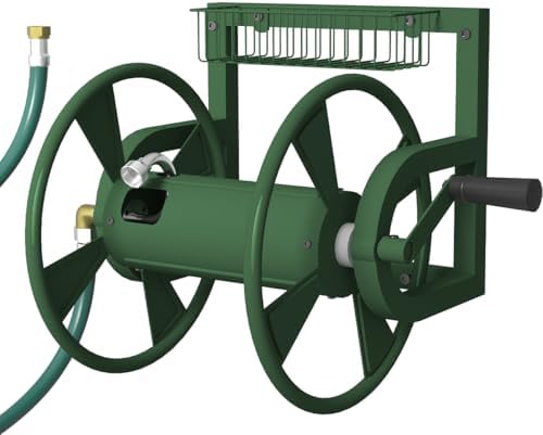 Artigarden Garden Wall Mounted Hose Reel, Outdoor Heavy-Duty Water Hose Holder Winder, Holds 125 Feet of 5/8-Inch Hose, with 3.9 ft Leader Hose, Water Fitting and Storage Basket for Yard, Green by Artigarden