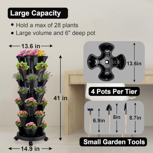 GameXcel Vertical Planter Tower - 7 Tier Stackable Garden Planters with Wheels and Garden Tool Set Plant Pots for Strawberry Herb Flower and Vegetable Indoor Outdoor Use Black - Image 7