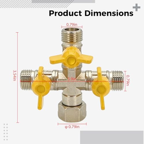 Heavy-Duty Cross Brass Garden Hose Splitter, 4-Way Manifold with Shut-Off Valves, Corrosion-Resistant Nickel Plated, Full Port Design, 4-Port Water/Air/Oil Distributor, 3.5 x 3.9 in / 9 x 9.9 cm - Image 4