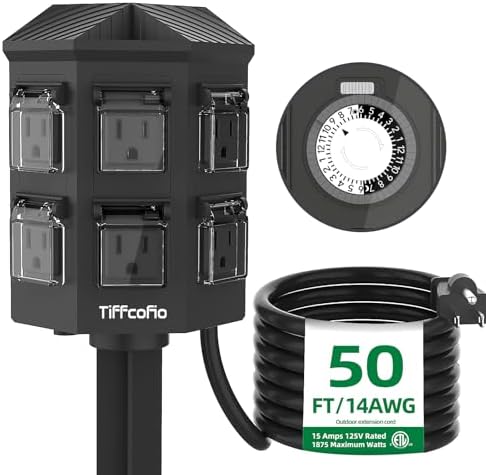 TiFFCOFiO Outdoor Power Strip Waterproof, 24 Hour Mechanical Timer, 50 ft Extension Cord, 6 Grounded Outlets for Outdoor Lights, ETL Listed (50 FT) by TiFFCOFiO