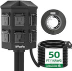 TiFFCOFiO Outdoor Power Strip Waterproof, 24 Hour Mechanical Timer, 50 ft Extension Cord, 6 Grounded Outlets for Outdoor Lights, ETL Listed (50 FT) by TiFFCOFiO