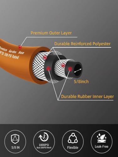 Wiseflow Garden Hose 100FT x 5/8", Heavy Duty Rubber Hose, Water Hose with Five Layered Braiding, Male Female Fittings, 1000PSI Burst, 300PSI Working for Yard, Car Wash, Pets (Orange) - Image 3
